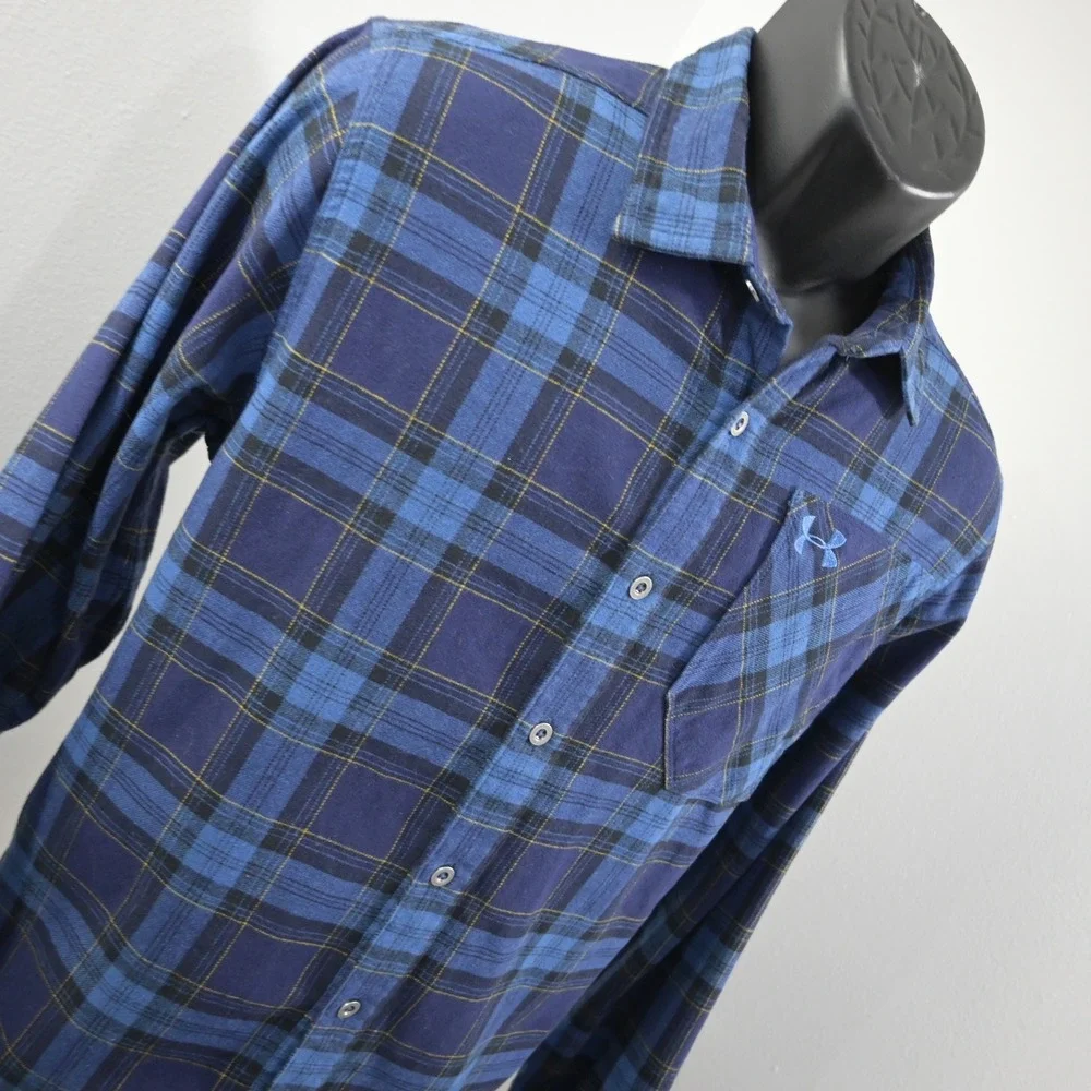 Under Armour Flannel Button Up Mens Medium Loose Blue Plaid ColdGear Pocket
